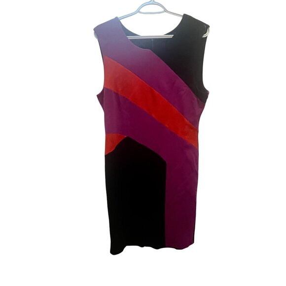 BCBGMaxAzria Colorblock Shift Dress Pink Purple Red Black Sleeveless Midi Sz L - Picture 5 of 8